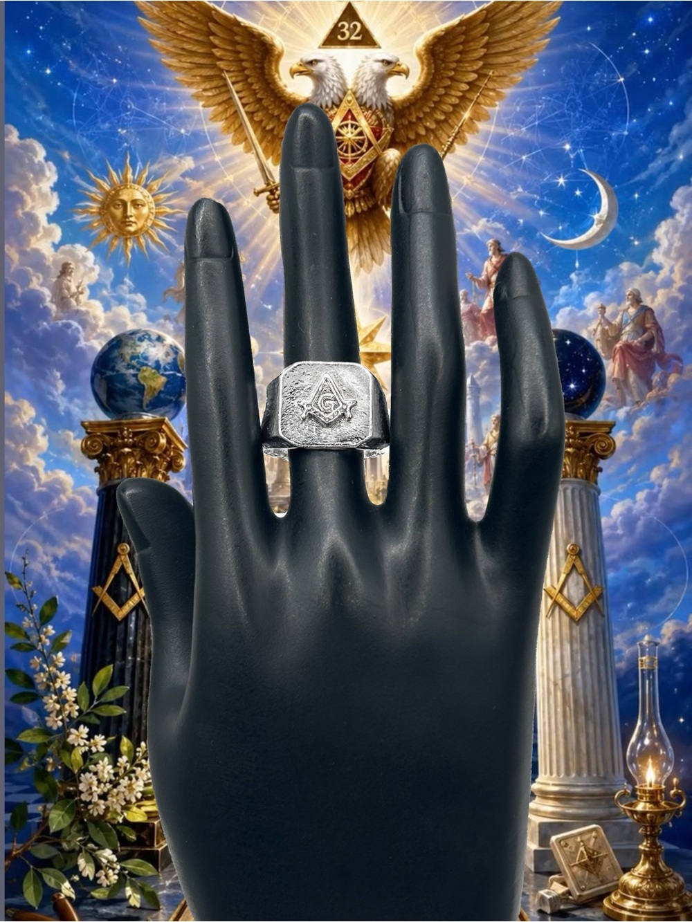 Silver Tone Men’s Masonic Signet Ring Free Masons Size 12.5